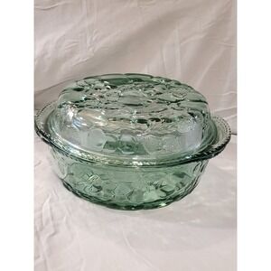Libbey Large Round Green Glass Casserole Dish with Lid Orchard Fruit Pattern 3qt